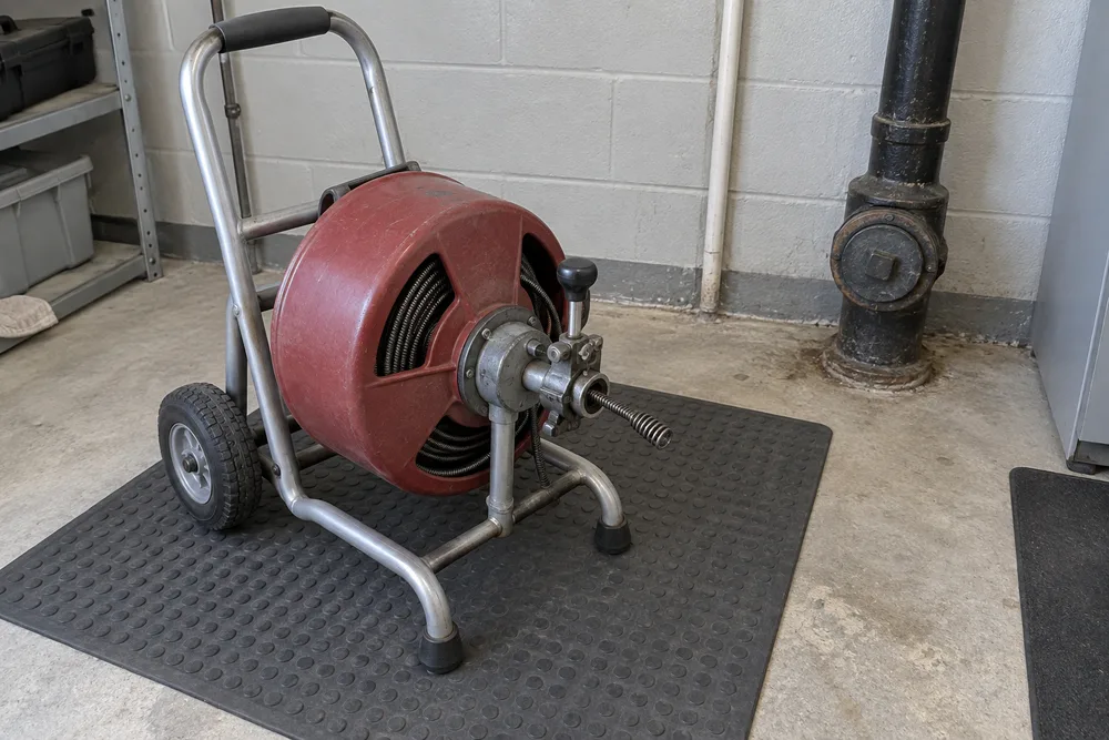 Inactive sewer rodding machine beside a capped cleanout